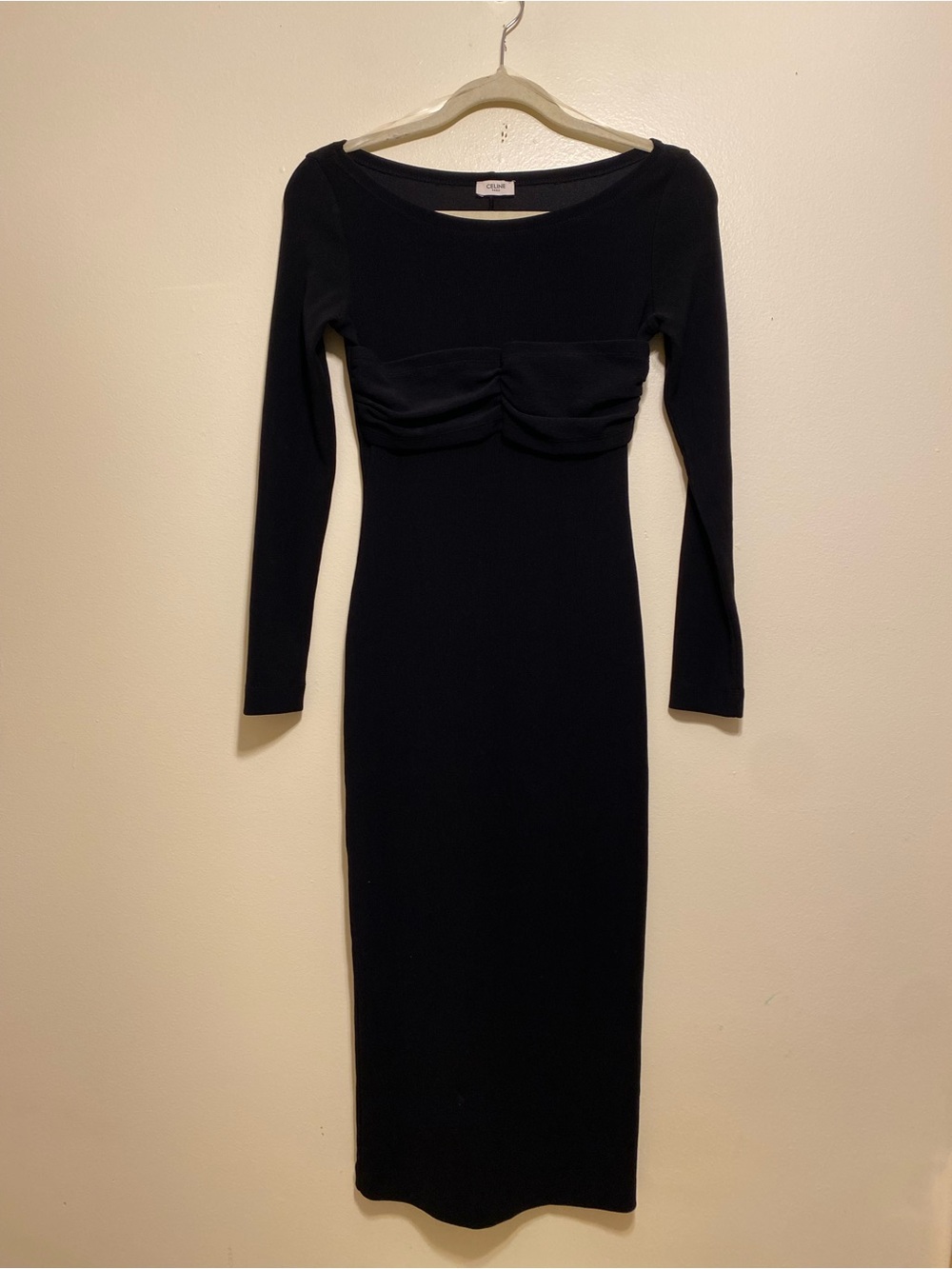 Celine Black Long Sleeve Midi Dress with Ruched Bust. Size 36